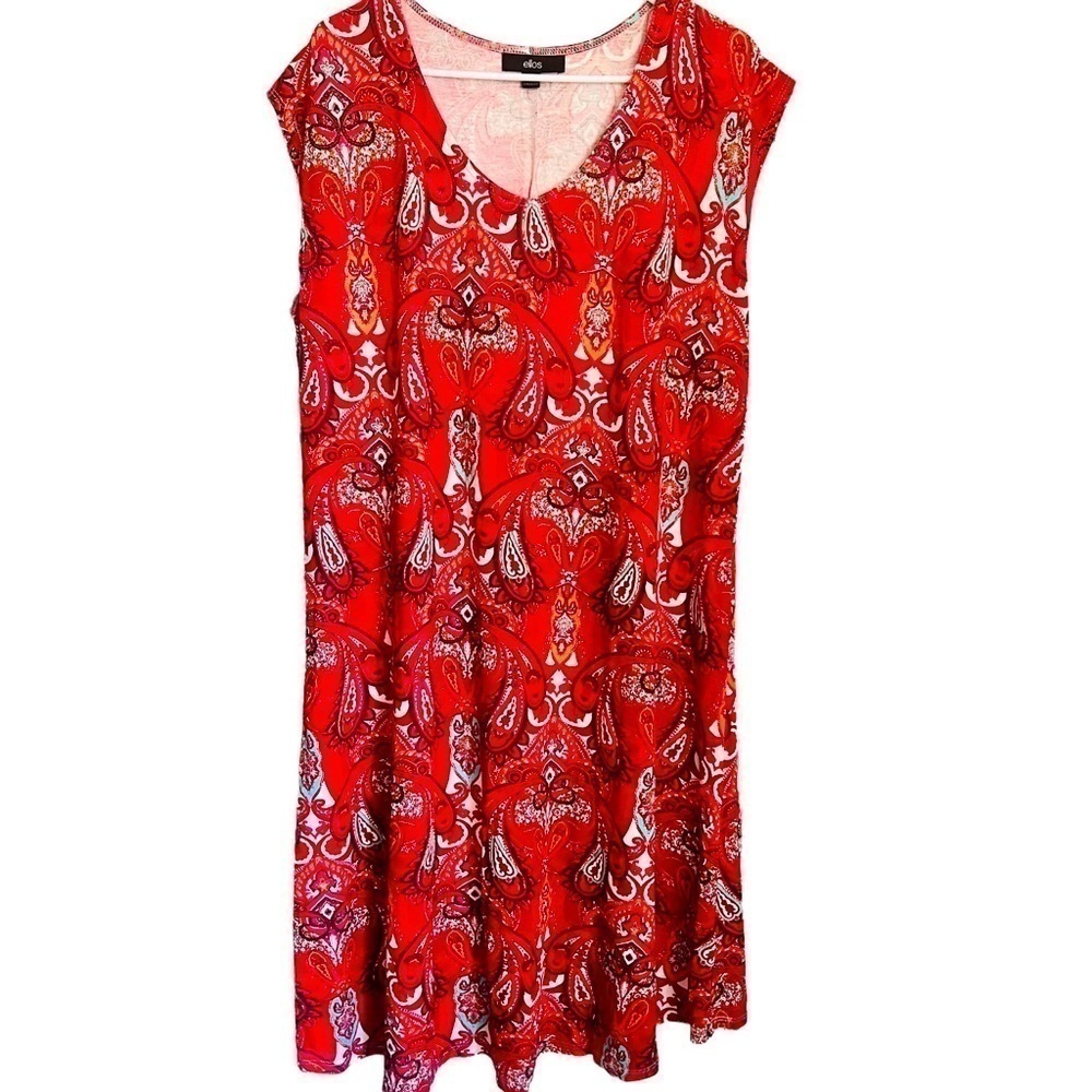ELLOS Red Paisly Shift Dress Capped Sleeves Scoop Neck 100 Viscose Knee Length M - Picture 2 of 12